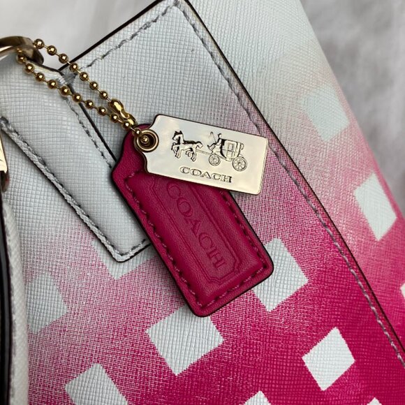 COACH | Madison Pink Check Gingham North-South Crossbody Leather Tote Handbag - Picture 7 of 16